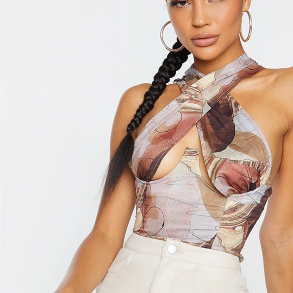 Beige Woven Abstract Print Halterneck Cross Over Zip Top